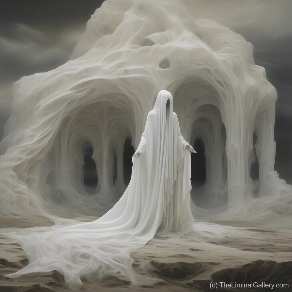 A hauntingly beautiful fantasy image featuring a spectral figure shrouded in mystery and veils of ethereal light.